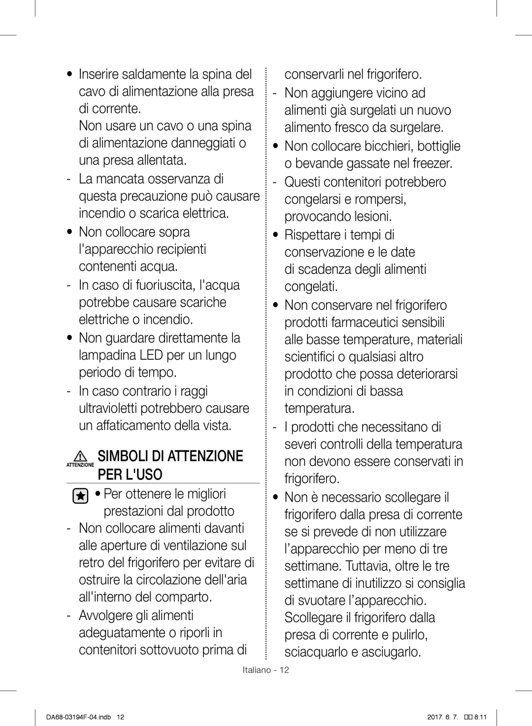 Samsung RF60J9021SR/ES, RF56J9041SR/EG, RF56J9040SR/EF, RF60J9000SL/ES, RF56J9041SR/EO manual Simboli DI Attenzione 