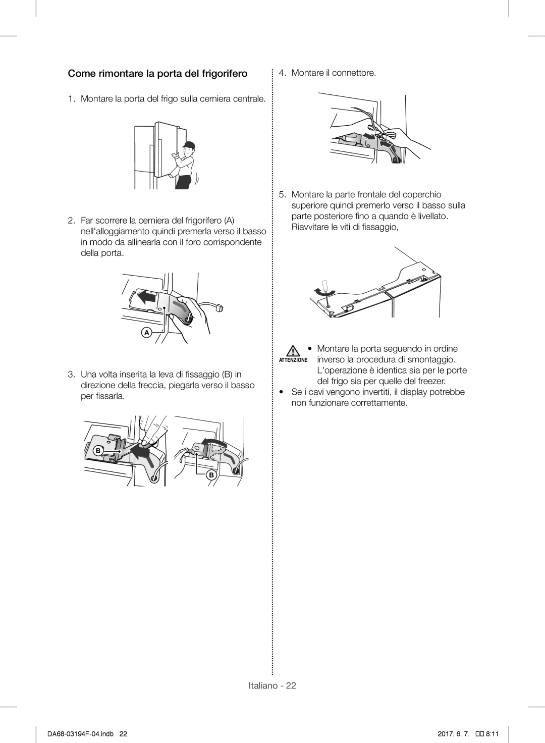 Samsung RF60J9021SR/ES, RF56J9041SR/EG, RF56J9040SR/EF, RF60J9000SL/ES manual Come rimontare la porta del frigorifero 