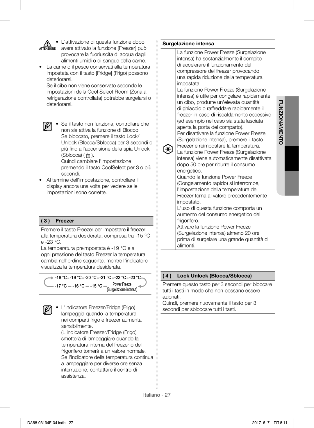 Samsung RF60J9021SR/ES, RF56J9041SR/EG, RF56J9040SR/EF, RF60J9000SL/ES manual Surgelazione intensa, Lock Unlock Blocca/Sblocca 