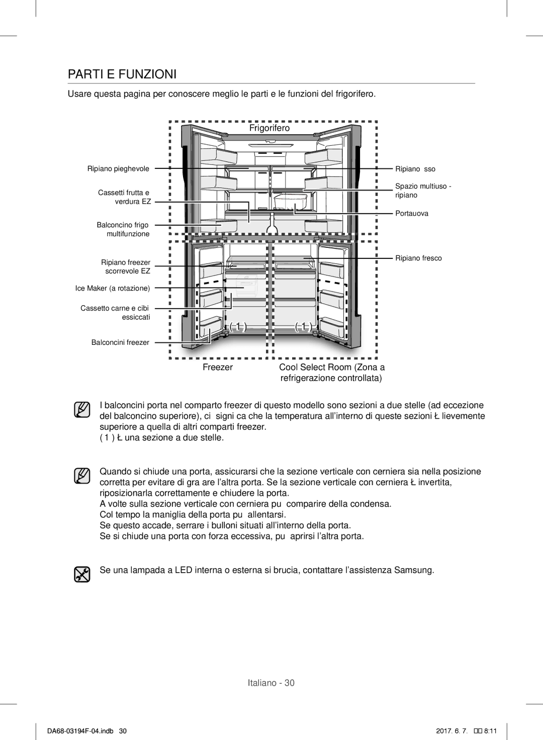 Samsung RF56J9040SR/EF, RF56J9041SR/EG, RF60J9000SL/ES, RF60J9021SR/ES, RF56J9041SR/EO manual Parti E Funzioni, Frigorifero 