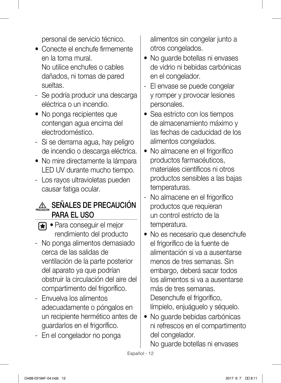 Samsung RF56J9041SR/EO, RF56J9041SR/EG, RF56J9040SR/EF, RF60J9000SL/ES, RF60J9021SR/ES manual Señales DE Precaución 