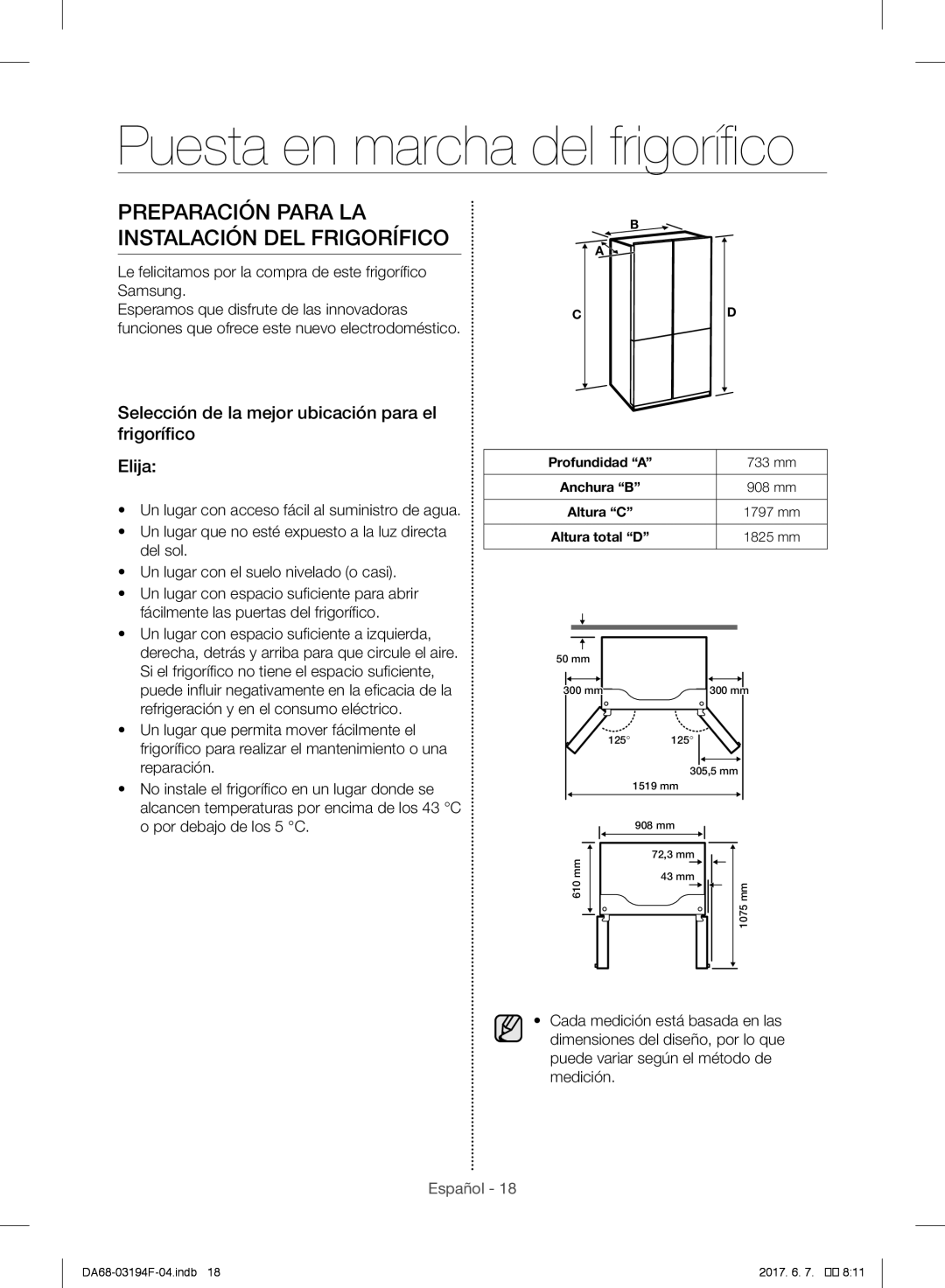 Samsung RF56J9041SR/EG, RF56J9040SR/EF Puesta en marcha del frigorífico, Preparación Para LA Instalación DEL Frigorífico 