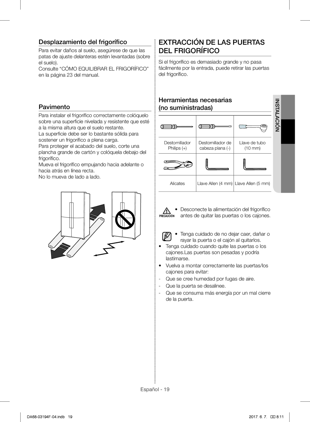 Samsung RF56J9040SR/EF, RF56J9041SR/EG manual Extracción DE LAS Puertas DEL Frigorífico, Desplazamiento del frigorífico 