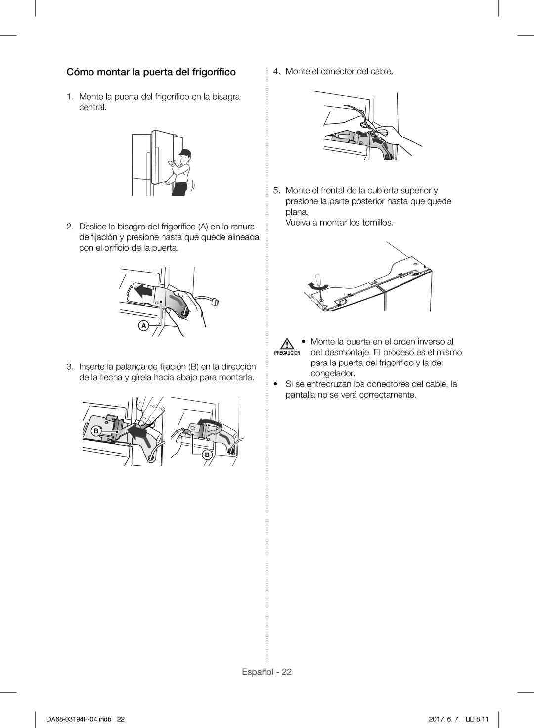 Samsung RF56J9041SR/EO, RF56J9041SR/EG, RF56J9040SR/EF, RF60J9000SL/ES, RF60J9021SR/ES Cómo montar la puerta del frigorífico 