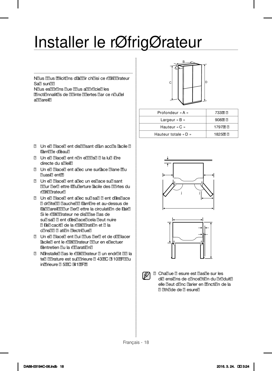 Samsung RF56J9041SR/EG manual Installer le réfrigérateur, Avant Dinstaller LE Réfrigérateur 