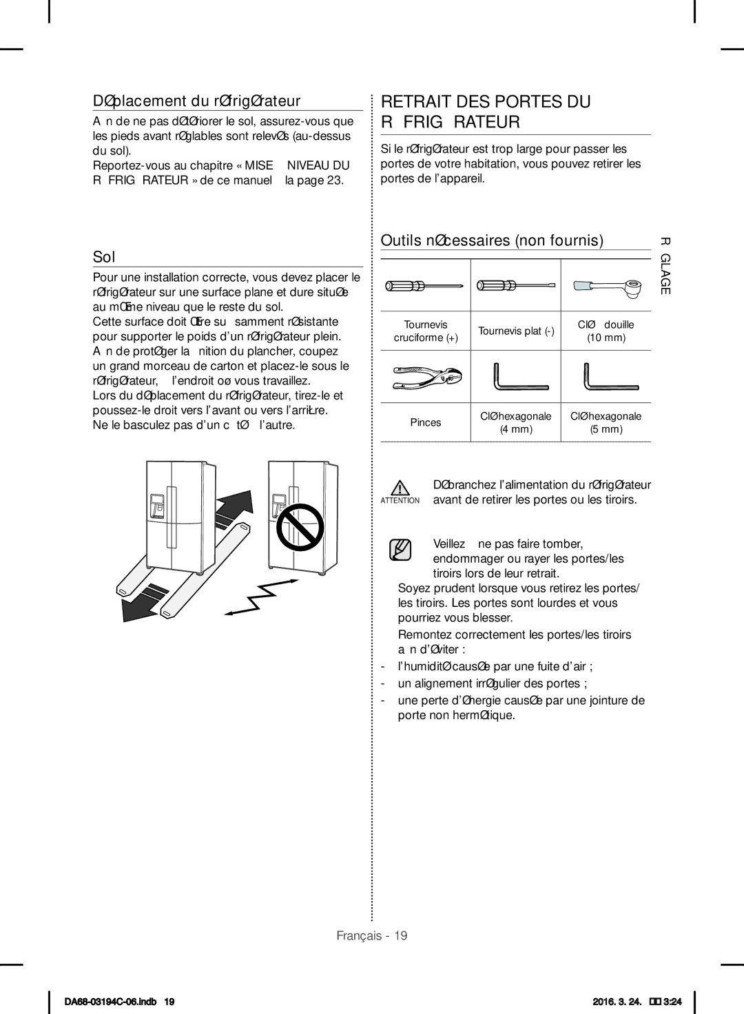 Samsung RF56J9041SR/EG manual Retrait DES Portes DU Réfrigérateur, Déplacement du réfrigérateur 