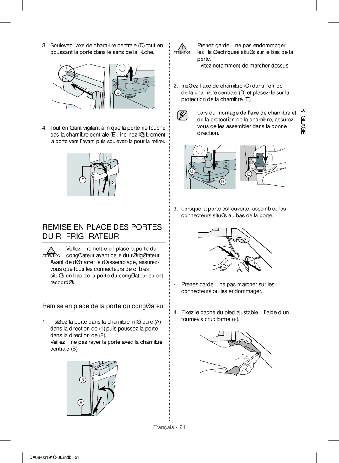 Samsung RF56J9041SR/EG manual Remise EN Place DES Portes DU Réfrigérateur, Remise en place de la porte du congélateur 