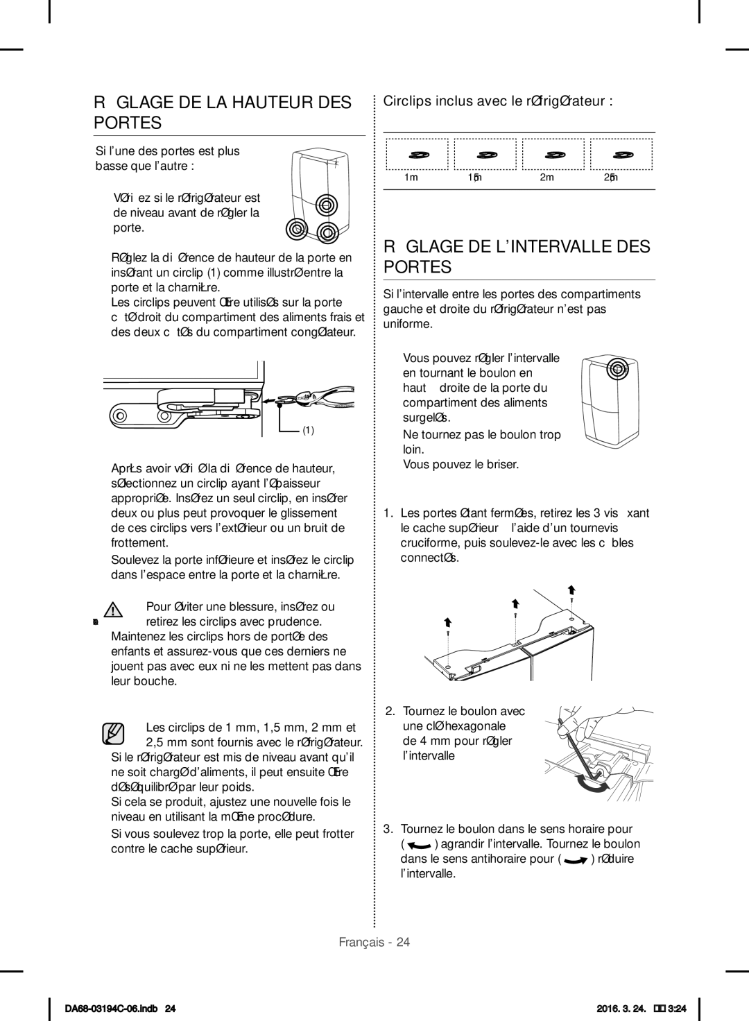 Samsung RF56J9041SR/EG manual Réglage DE LA Hauteur DES Portes, Réglage DE Lintervalle DES Portes 