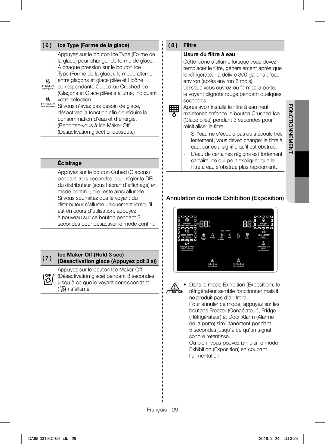 Samsung RF56J9041SR/EG manual Annulation du mode Exhibition Exposition, Ice Type Forme de la glace, Éclairage 