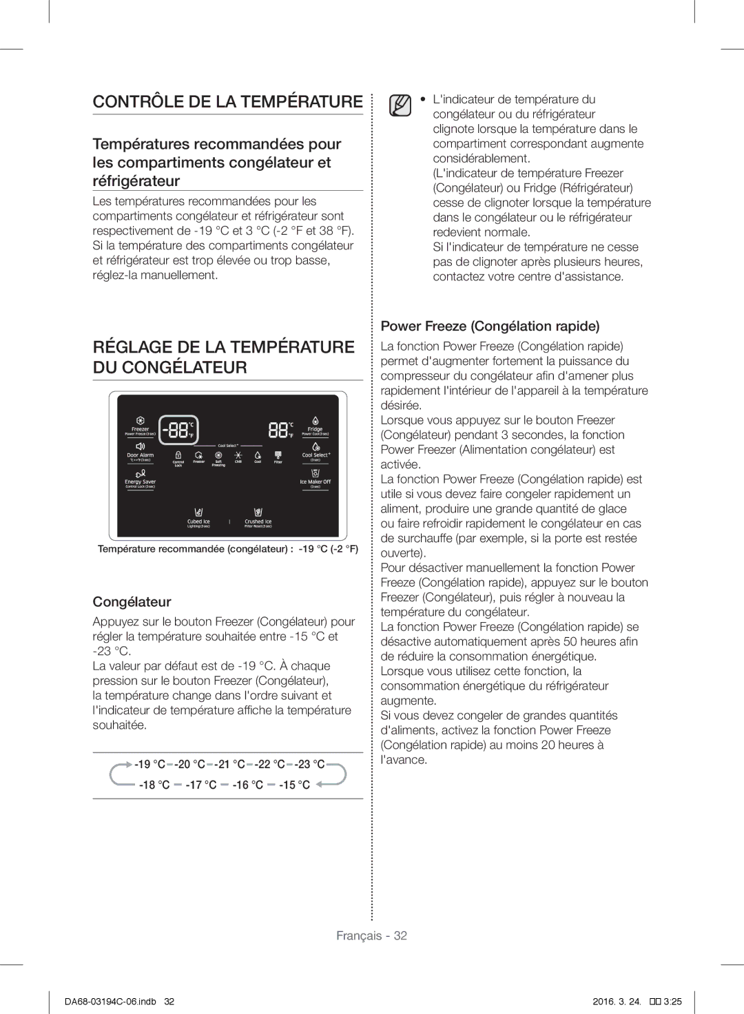 Samsung RF56J9041SR/EG manual Contrôle DE LA Température, Congélateur, Power Freeze Congélation rapide 