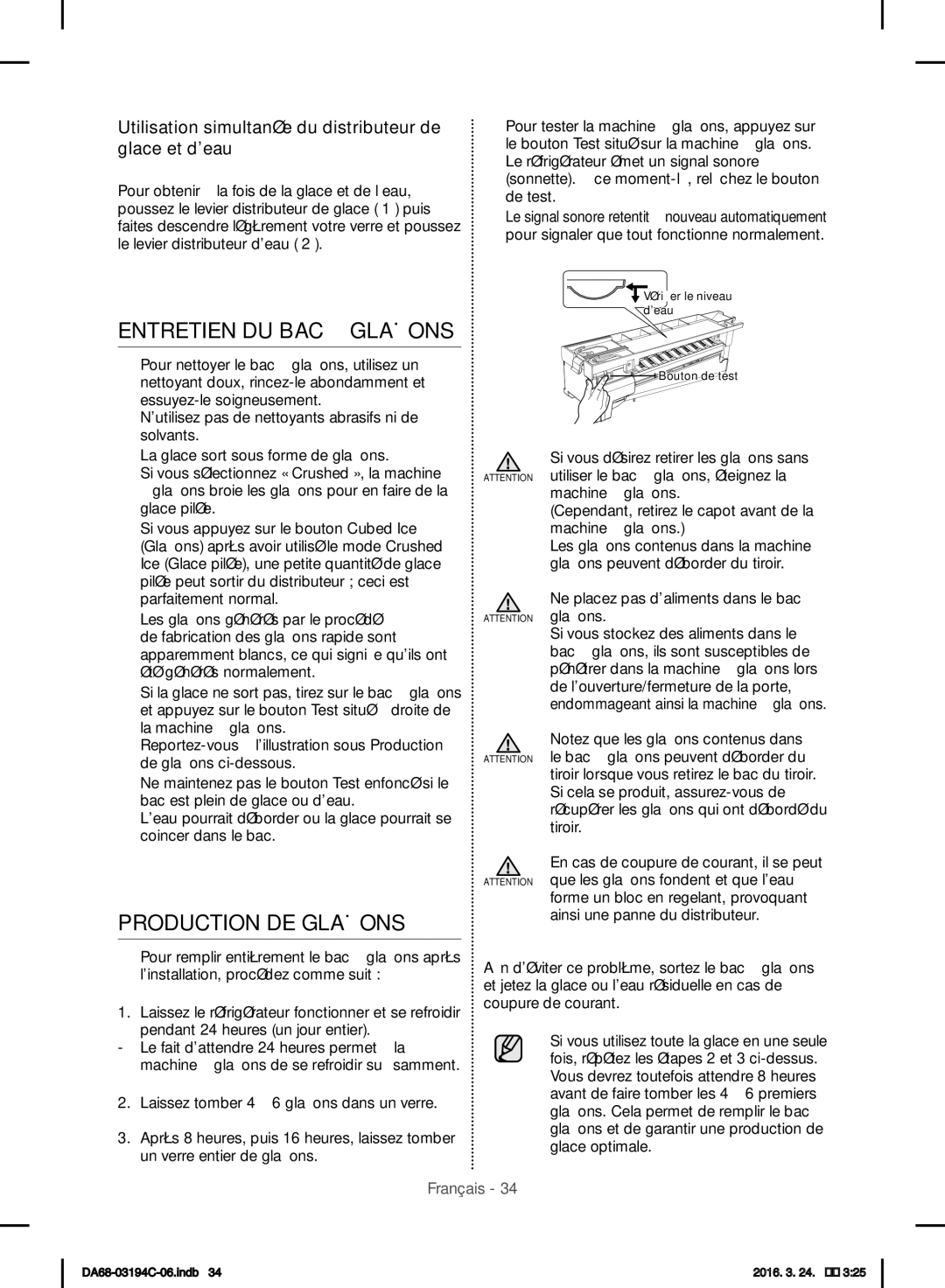 Samsung RF56J9041SR/EG manual Entretien DU BAC À Glaçons, Production DE Glaçons 