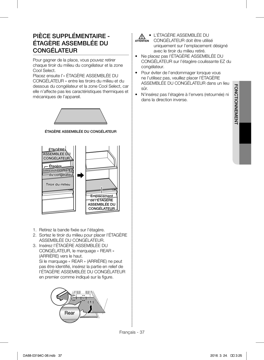 Samsung RF56J9041SR/EG manual Pièce Supplémentaire Étagère Assemblée DU Congélateur 