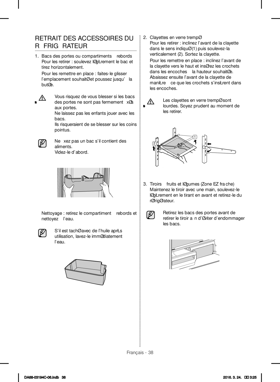 Samsung RF56J9041SR/EG manual Retrait DES Accessoires DU Réfrigérateur 