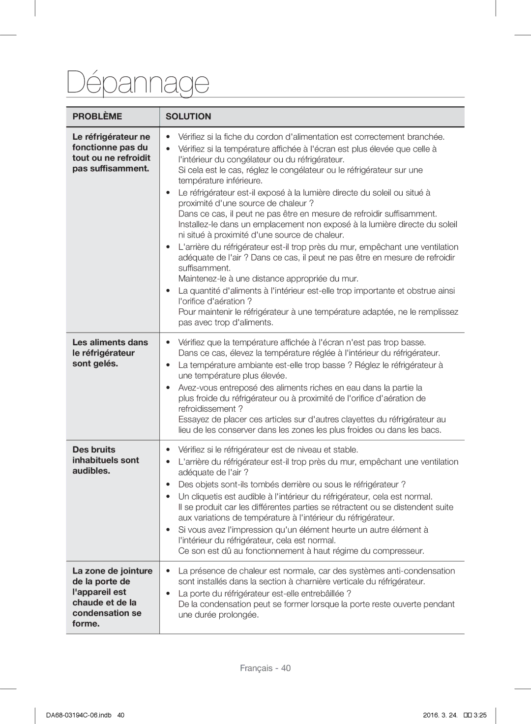 Samsung RF56J9041SR/EG manual Dépannage 