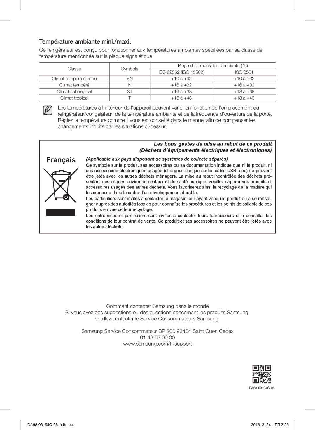 Samsung RF56J9041SR/EG manual Français, Température ambiante mini./maxi 