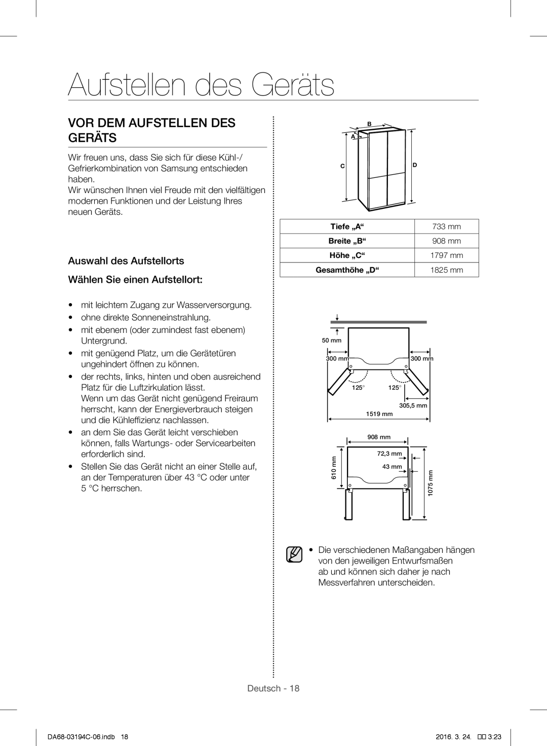 Samsung RF56J9041SR/EG manual Aufstellen des Geräts, VOR DEM Aufstellen DES Geräts 