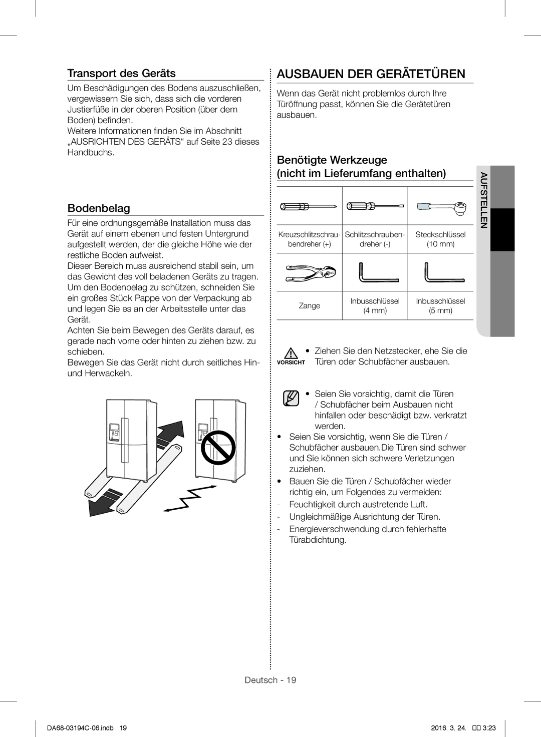 Samsung RF56J9041SR/EG manual Ausbauen DER Gerätetüren, Aufstellen 