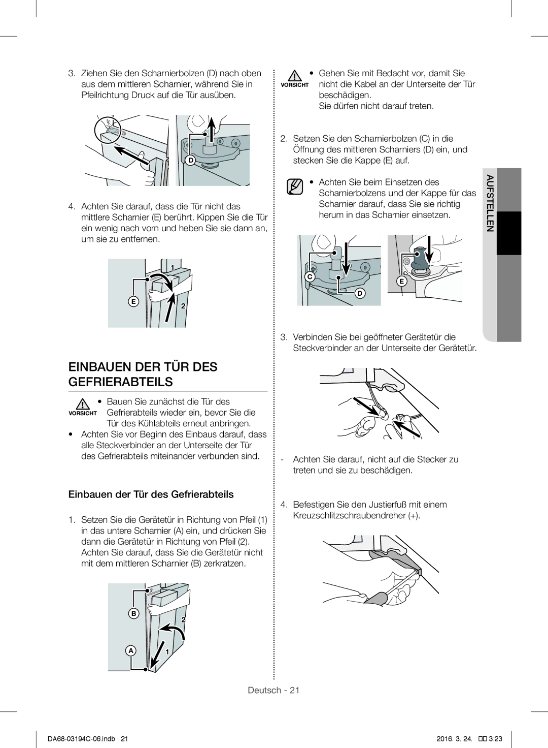 Samsung RF56J9041SR/EG manual Einbauen DER TÜR DES Gefrierabteils, Einbauen der Tür des Gefrierabteils 