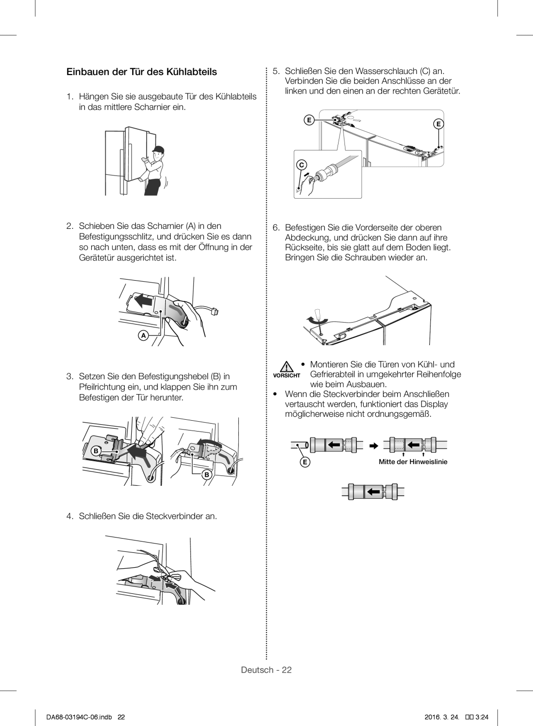 Samsung RF56J9041SR/EG manual Einbauen der Tür des Kühlabteils 