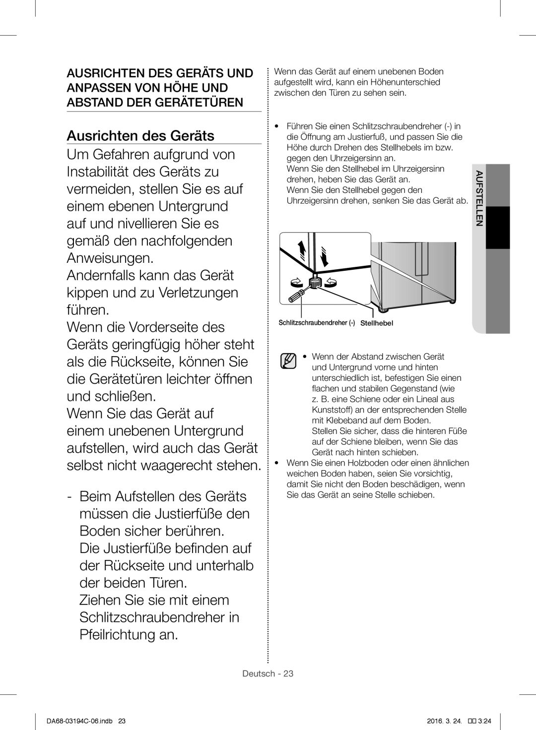 Samsung RF56J9041SR/EG manual Drehen, heben Sie das Gerät an, Wenn Sie den Stellhebel gegen den 