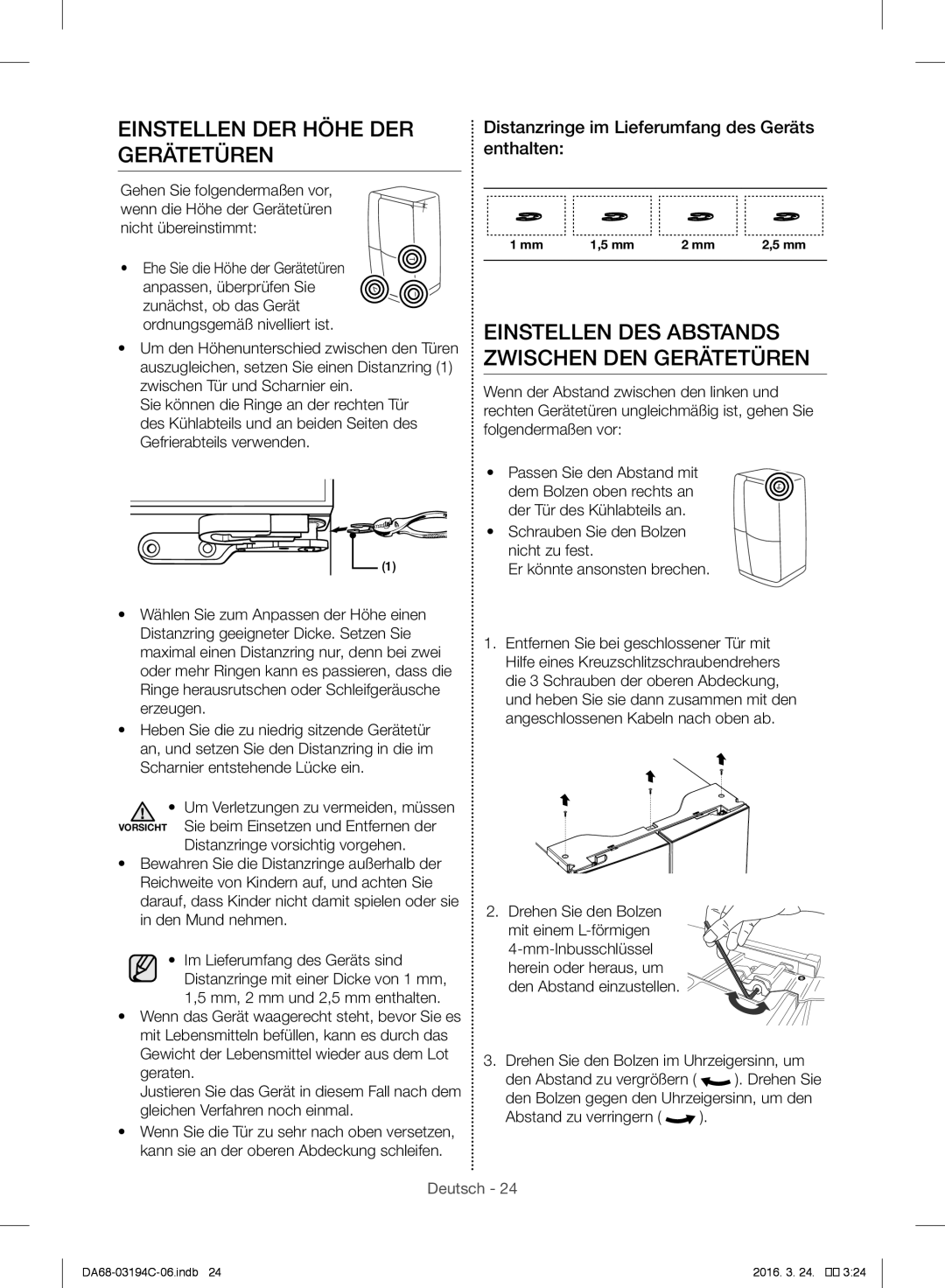 Samsung RF56J9041SR/EG manual Einstellen DER Höhe DER Gerätetüren, Einstellen DES Abstands Zwischen DEN Gerätetüren 