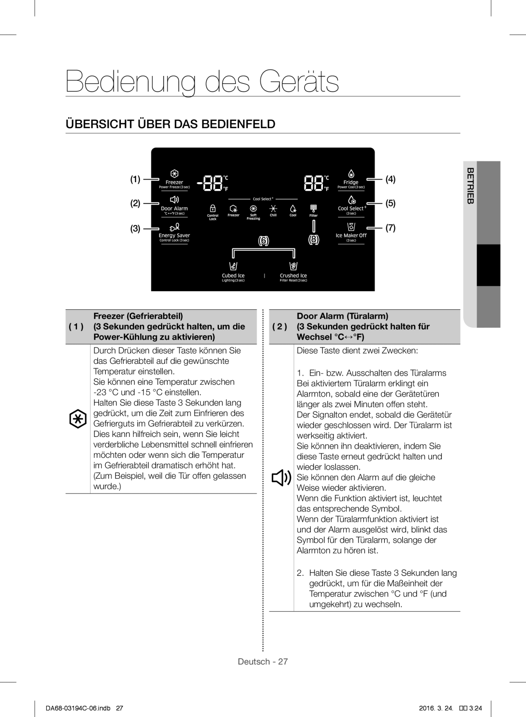 Samsung RF56J9041SR/EG manual Bedienung des Geräts, Übersicht Über DAS Bedienfeld 