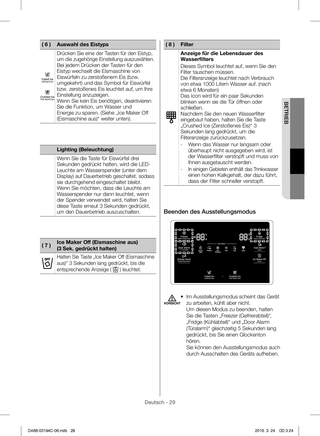 Samsung RF56J9041SR/EG manual Beenden des Ausstellungsmodus, Auswahl des Eistyps, Lighting Beleuchtung 