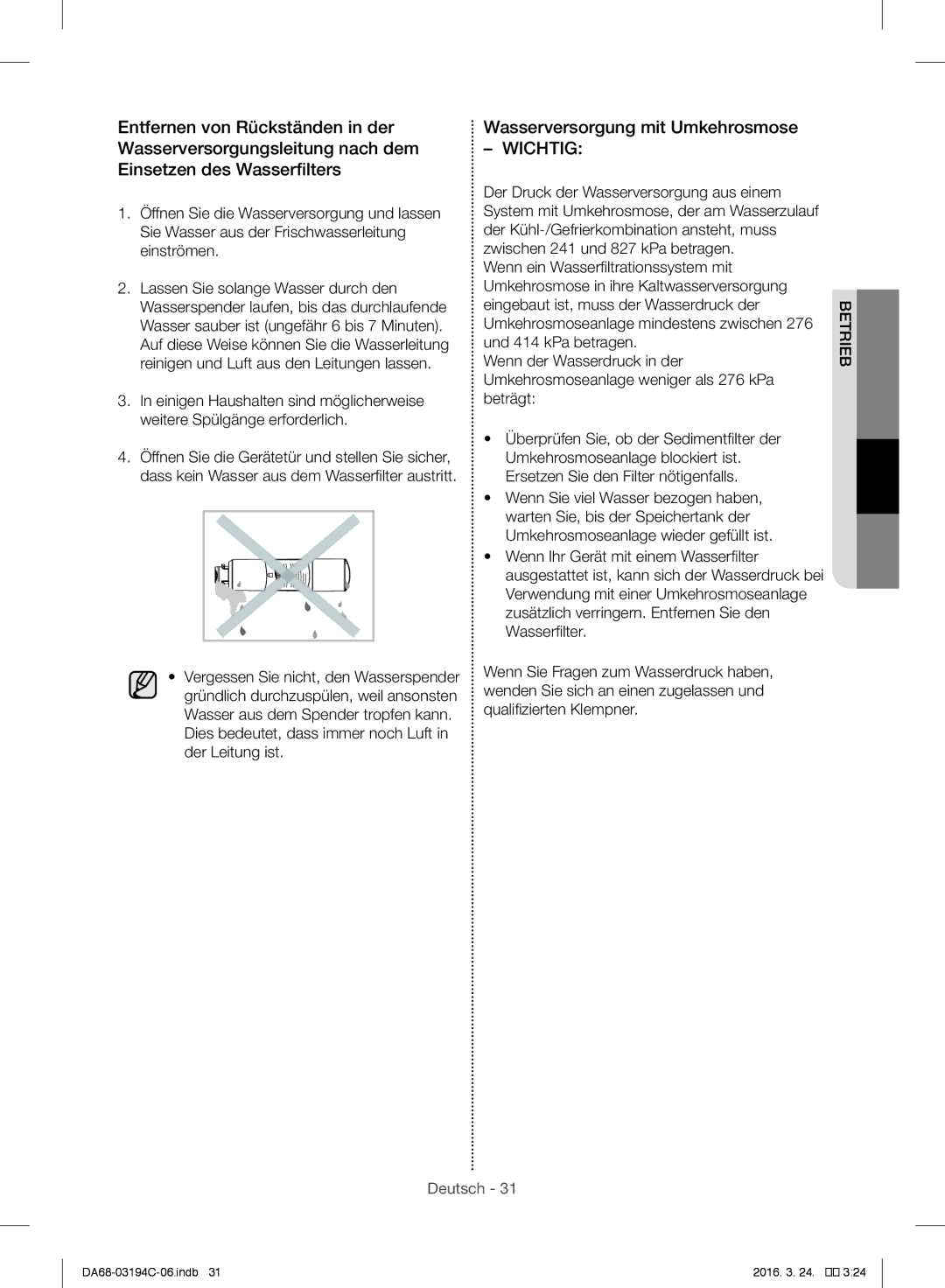 Samsung RF56J9041SR/EG manual Wasserversorgung mit Umkehrosmose, Wichtig 