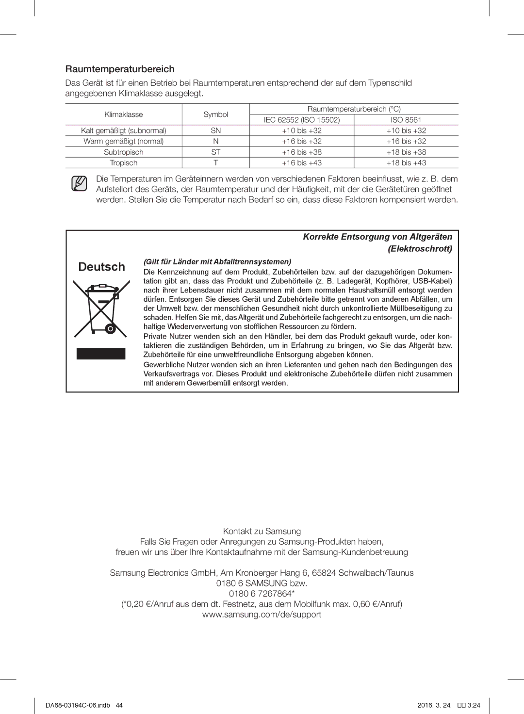 Samsung RF56J9041SR/EG manual Deutsch, Raumtemperaturbereich 