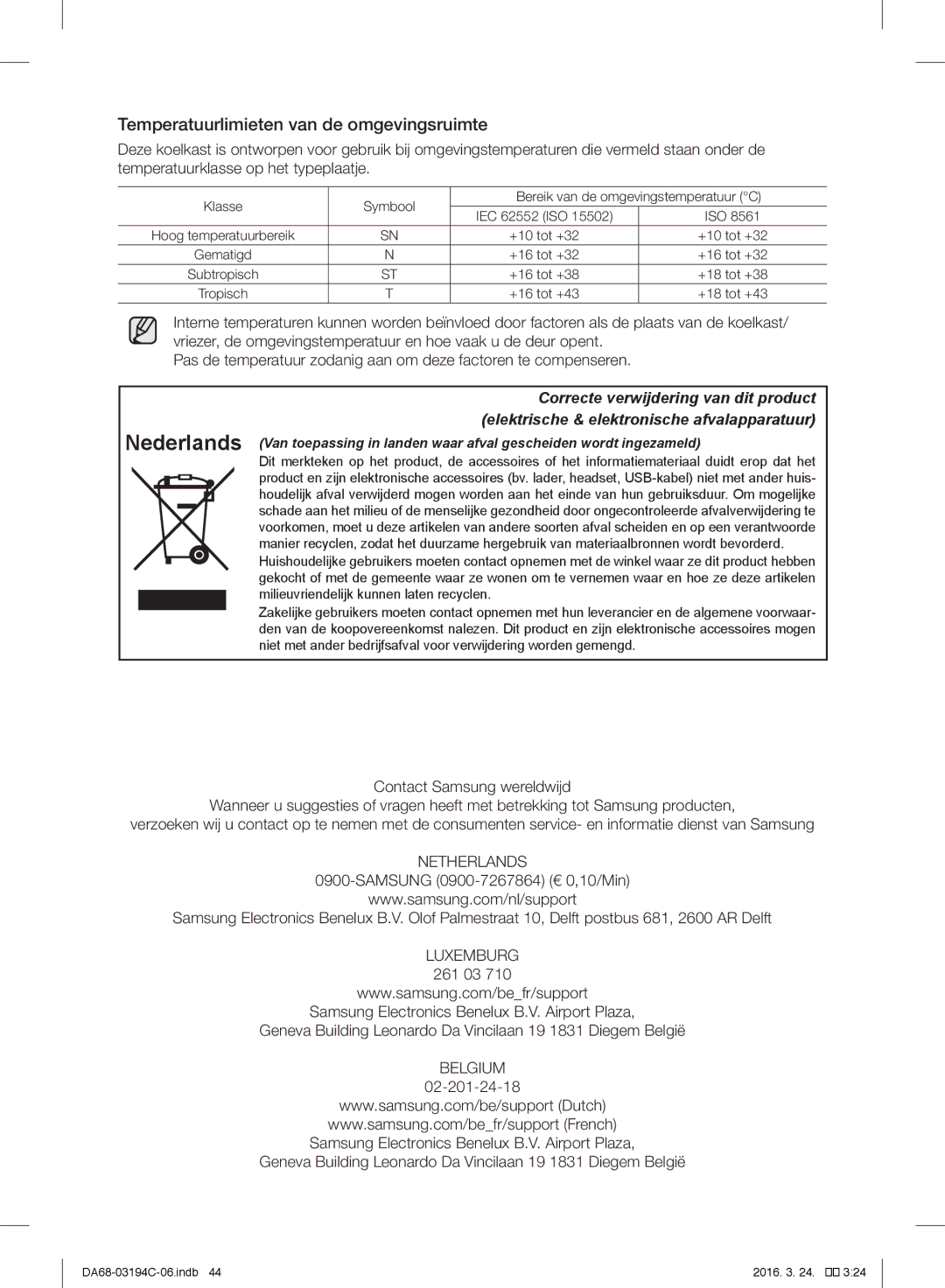 Samsung RF56J9041SR/EG manual Temperatuurlimieten van de omgevingsruimte, Netherlands 