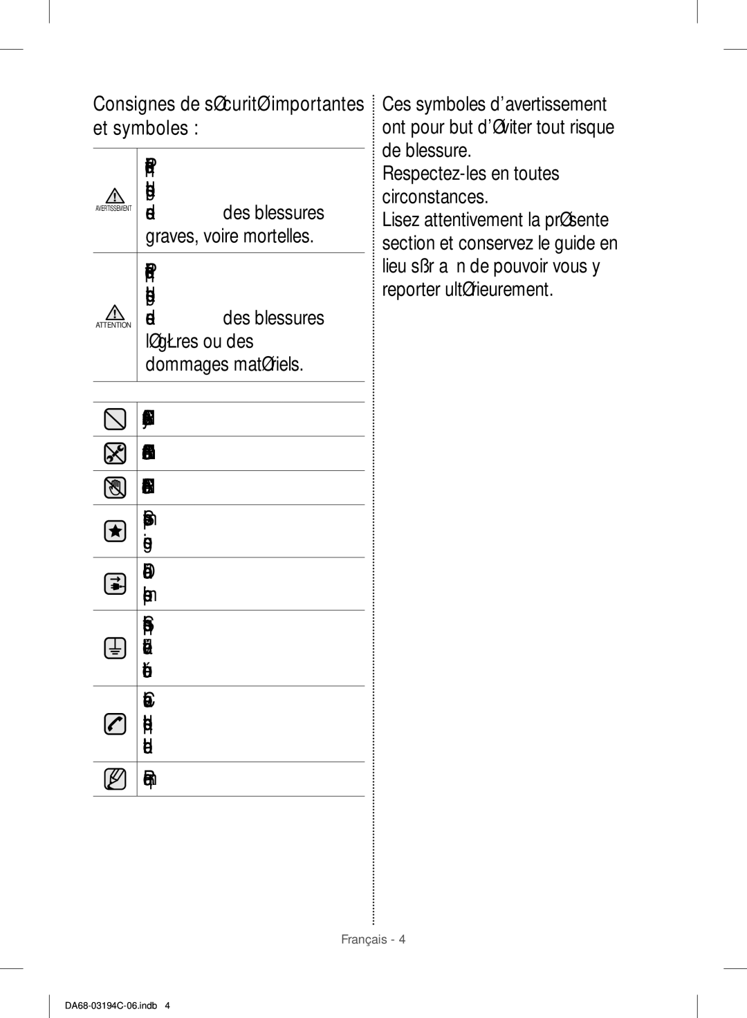 Samsung RF56J9041SR/EG NE PAS essayer, NE PAS démonter, NE PAS toucher, Consignes, Débrancher la fiche de la, Prise murale 