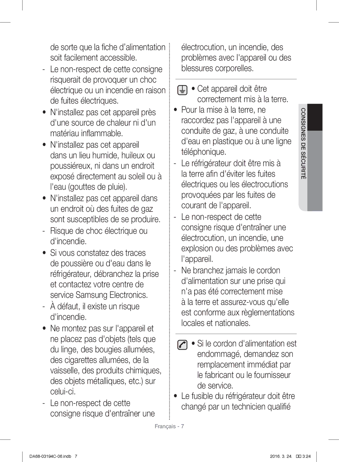 Samsung RF56J9041SR/EG manual Défaut, il existe un risque dincendie 