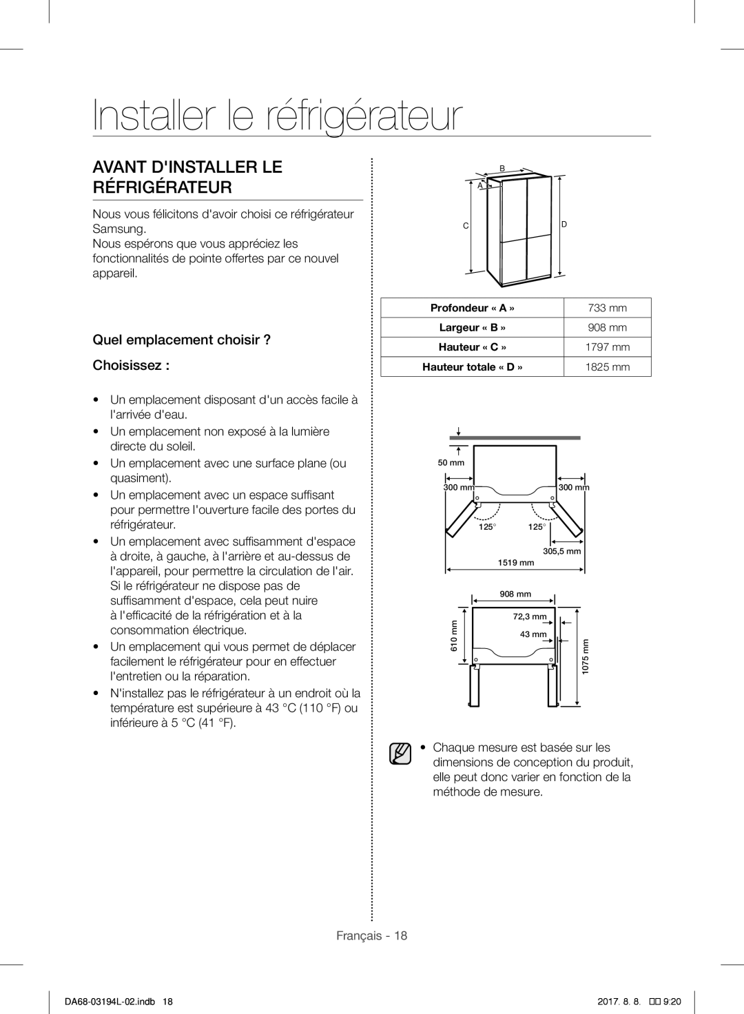 Samsung RF56J9071SR/WS manual Installer le réfrigérateur, Avant Dinstaller LE Réfrigérateur 