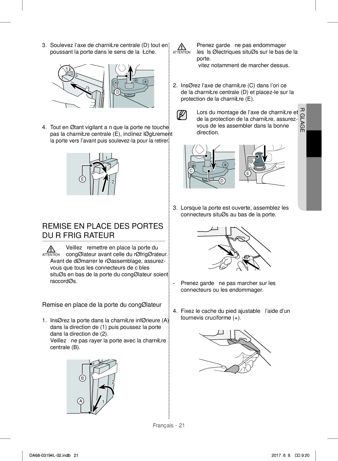 Samsung RF56J9071SR/WS manual Remise EN Place DES Portes DU Réfrigérateur, Remise en place de la porte du congélateur 