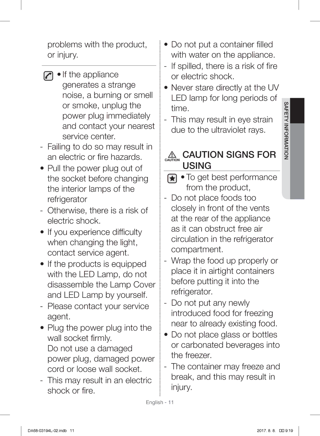 Samsung RF56J9071SR/WS manual This may result in eye strain due to the ultraviolet rays 