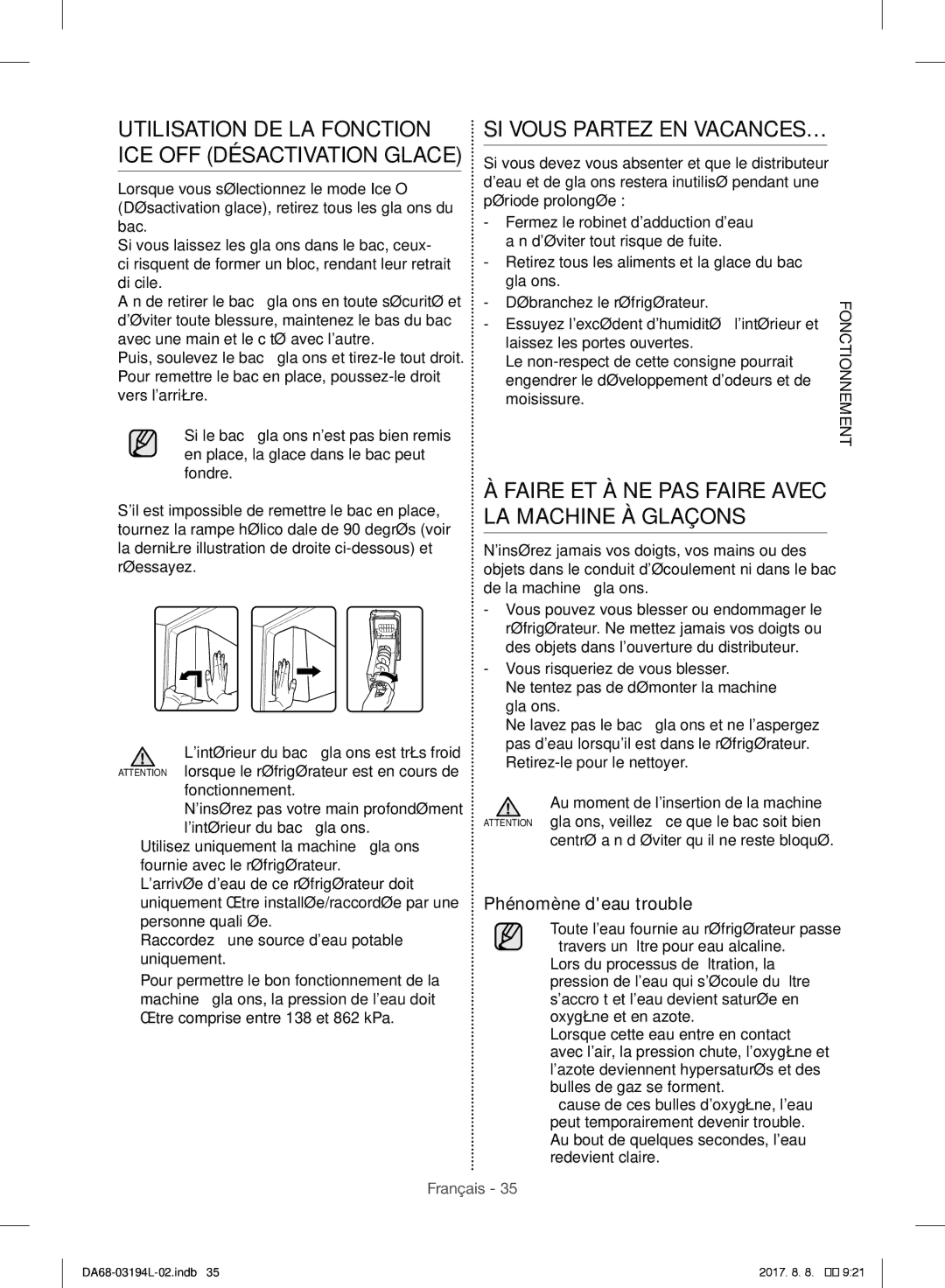 Samsung RF56J9071SR/WS manual SI Vous Partez EN VACANCES…, Faire ET À NE PAS Faire Avec LA Machine À Glaçons 