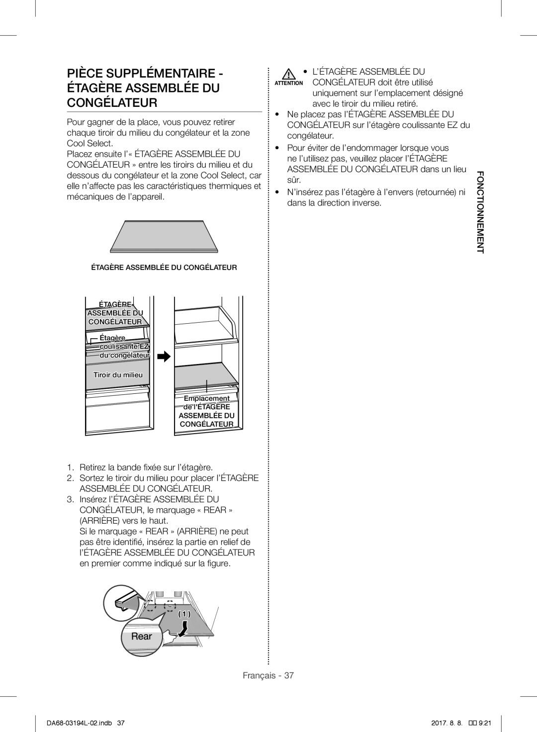 Samsung RF56J9071SR/WS manual Pièce Supplémentaire Étagère Assemblée DU Congélateur 