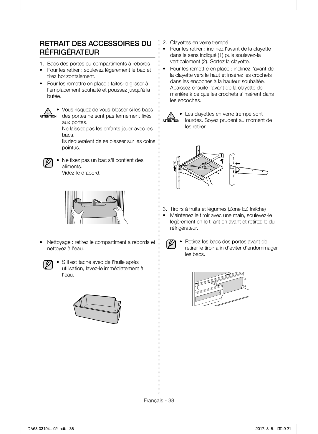 Samsung RF56J9071SR/WS manual Retrait DES Accessoires DU Réfrigérateur 