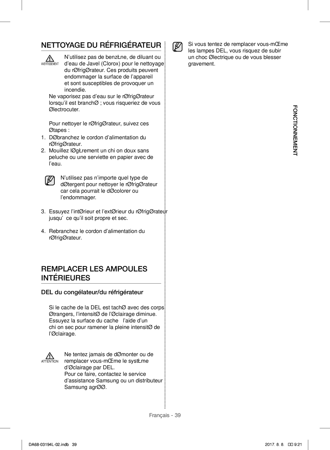 Samsung RF56J9071SR/WS Nettoyage DU Réfrigérateur, Remplacer LES Ampoules Intérieures, DEL du congélateur/du réfrigérateur 