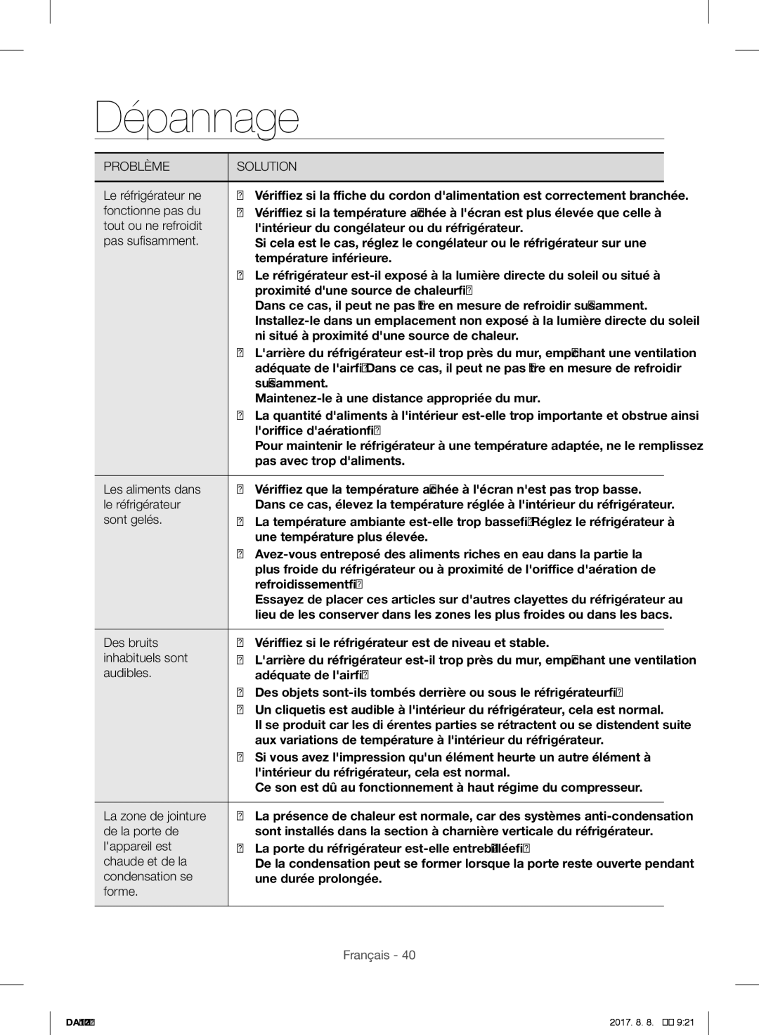 Samsung RF56J9071SR/WS manual Dépannage 