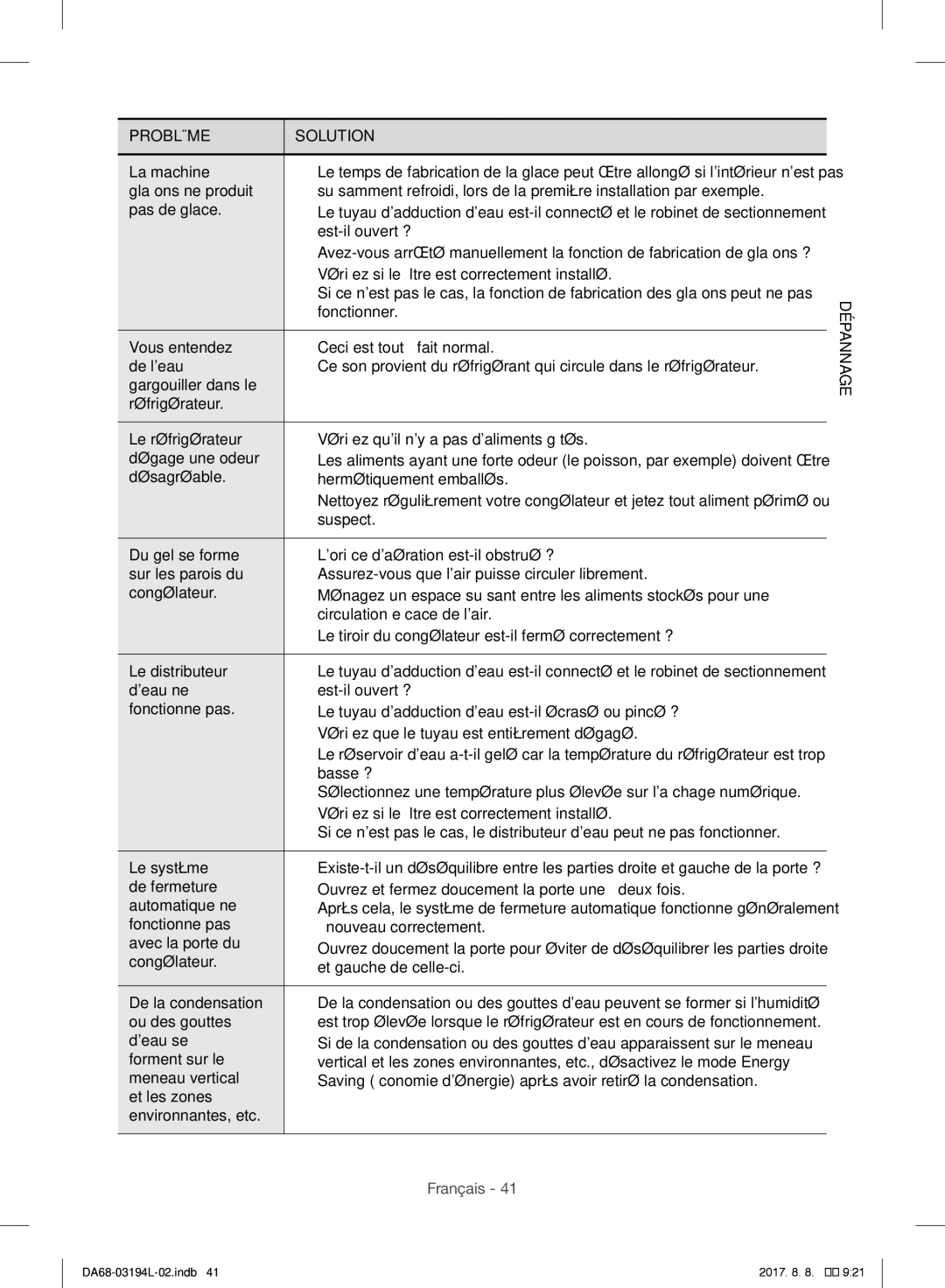 Samsung RF56J9071SR/WS La machine à, Glaçons ne produit, Pas de glace, Vous entendez, De leau, Dégage une odeur, Deau ne 