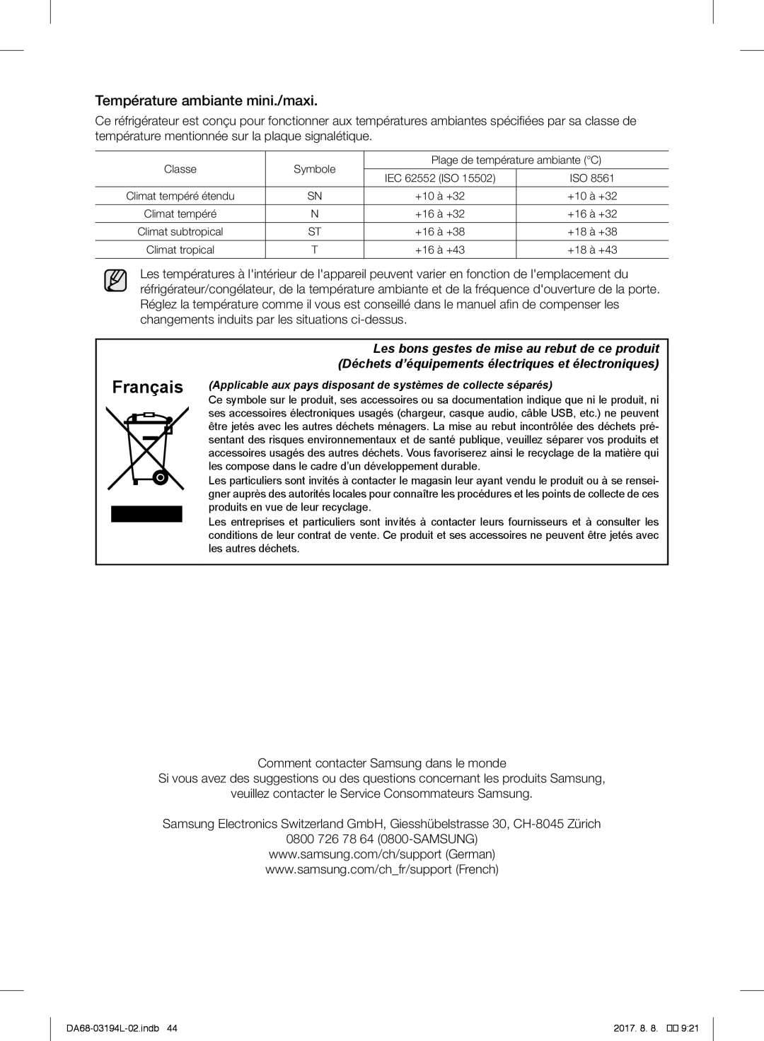 Samsung RF56J9071SR/WS manual Français, Température ambiante mini./maxi 