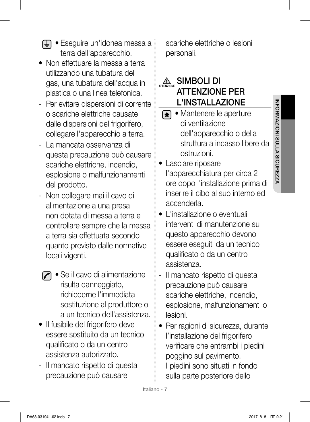 Samsung RF56J9071SR/WS manual Simboli DI, Scariche elettriche o lesioni personali 