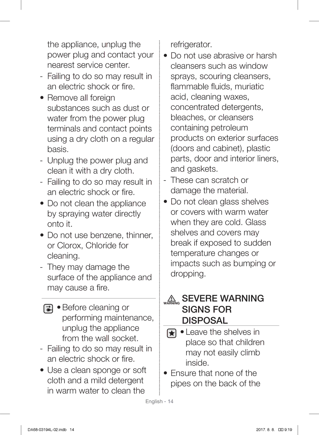 Samsung RF56J9071SR/WS manual Severe Warning Warning Signs for Disposal 