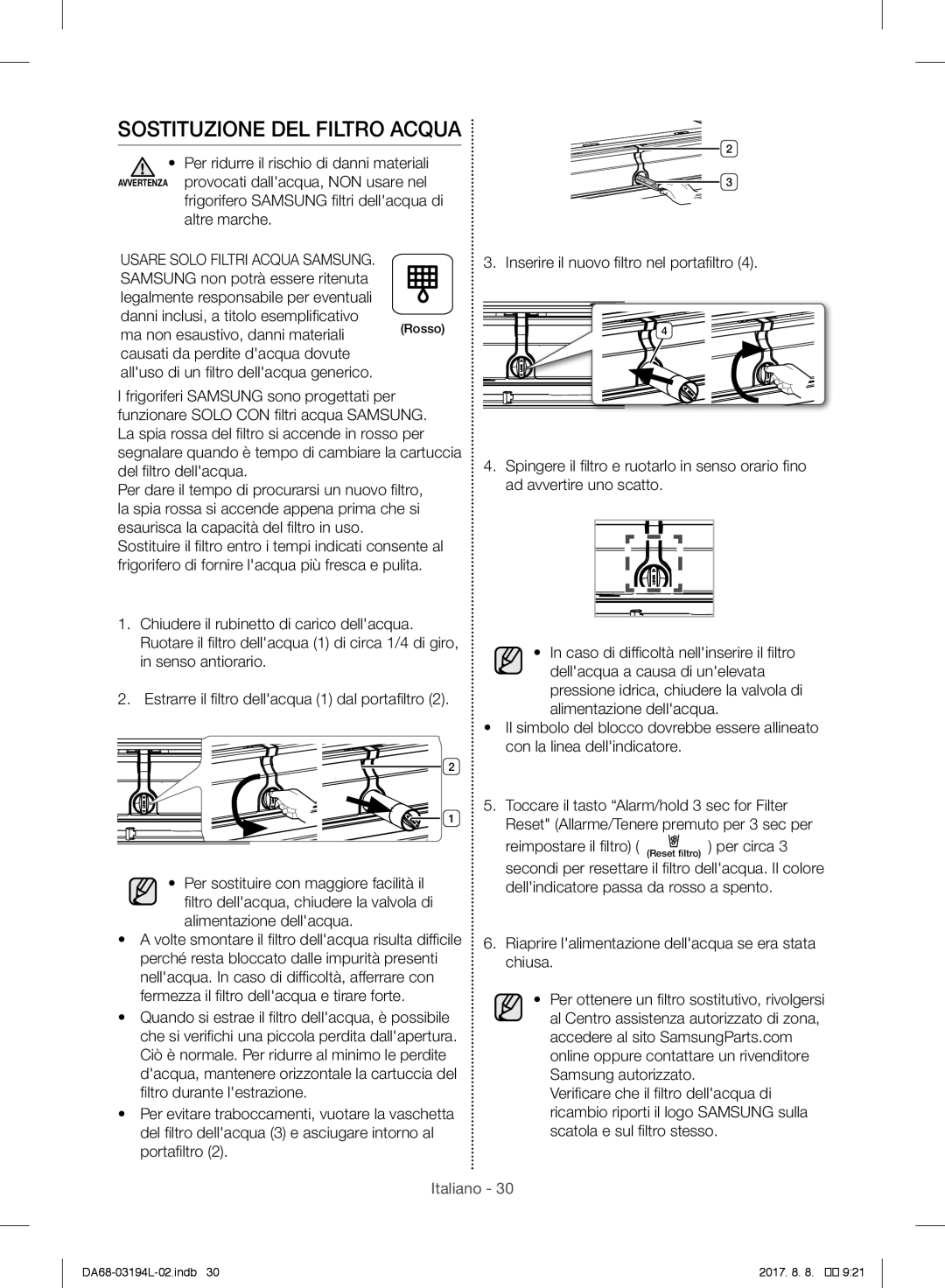 Samsung RF56J9071SR/WS manual Sostituzione DEL Filtro Acqua, Frigorifero Samsung filtri dellacqua di altre marche 