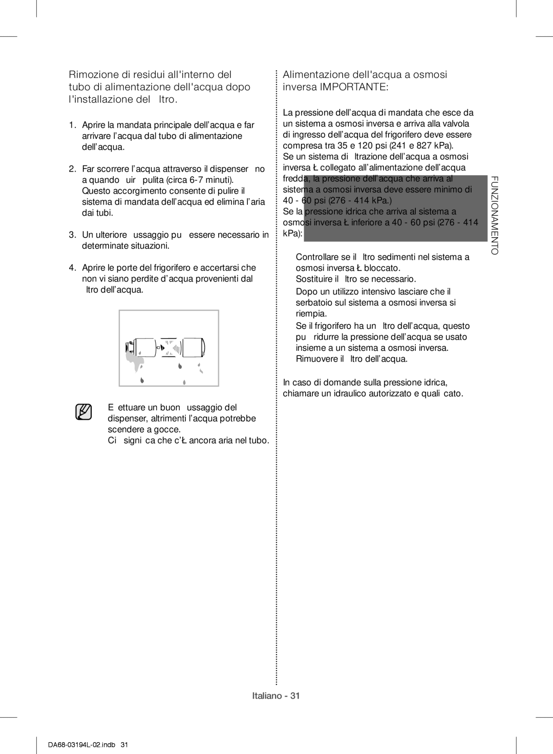 Samsung RF56J9071SR/WS manual Alimentazione dellacqua a osmosi inversa Importante 