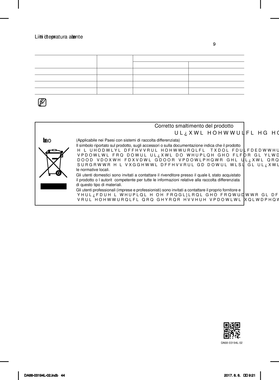 Samsung RF56J9071SR/WS manual Italiano, Limiti di temperatura ambiente 