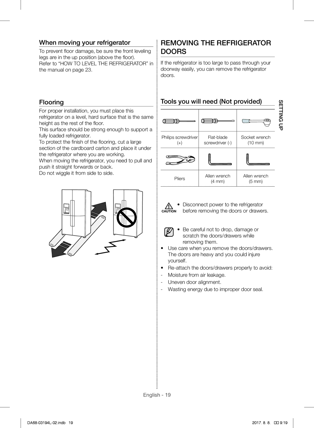 Samsung RF56J9071SR/WS manual Removing the Refrigerator Doors, When moving your refrigerator 