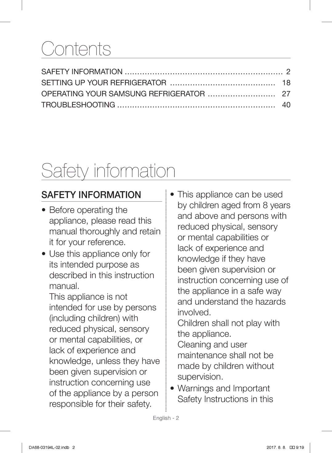 Samsung RF56J9071SR/WS manual Contents, Safety information 