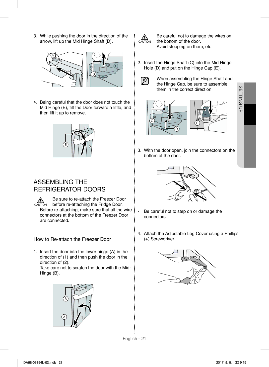 Samsung RF56J9071SR/WS manual Assembling Refrigerator Doors, How to Re-attach the Freezer Door 